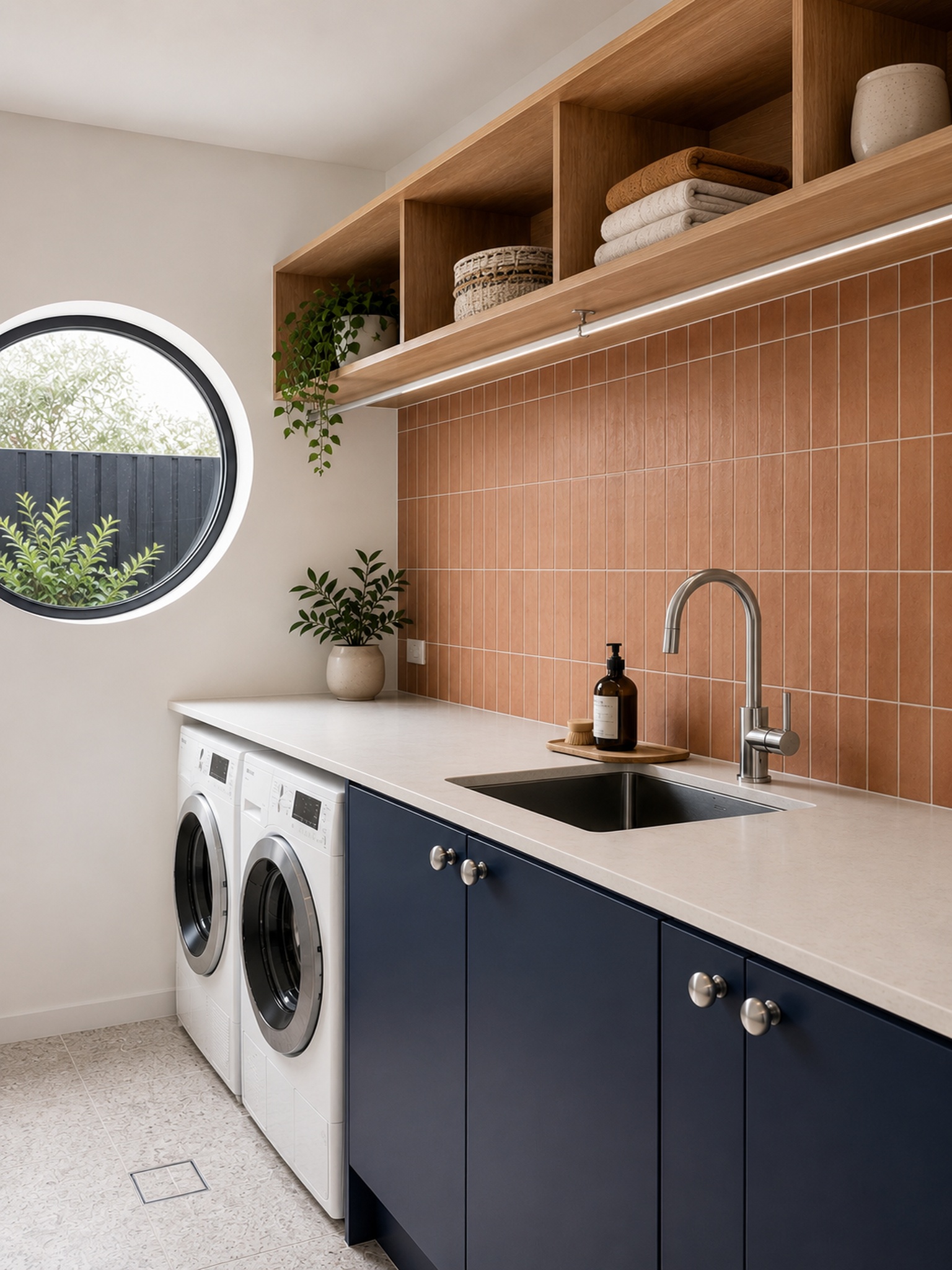 Custom laundry renovation with built-in cabinetry, tiled splash back, washing machine and practical storage.