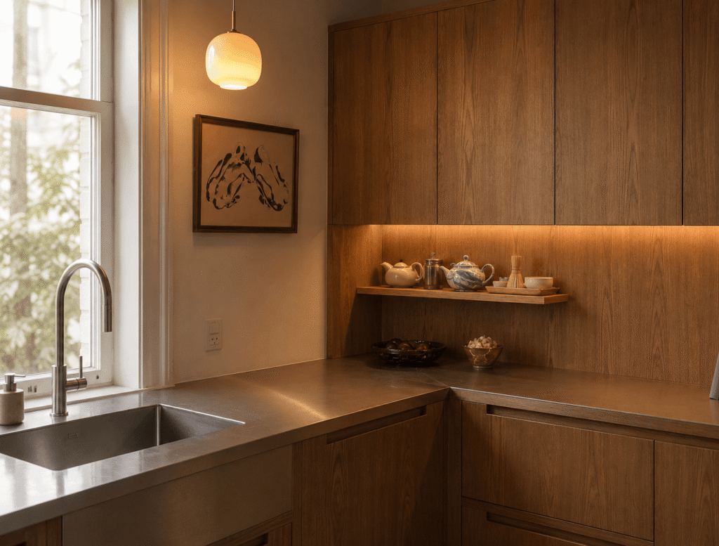 Modern walnut kitchen renovation with custom timber cabinetry, stone benchtops, integrated shelving and warm ambient lighting.