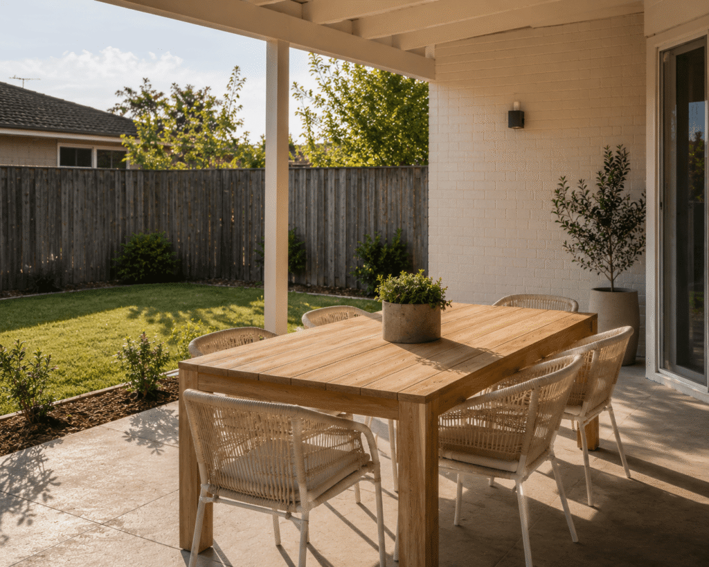 Modern outdoor dining area with timber table, woven chairs and a covered patio designed for relaxed outdoor entertaining.