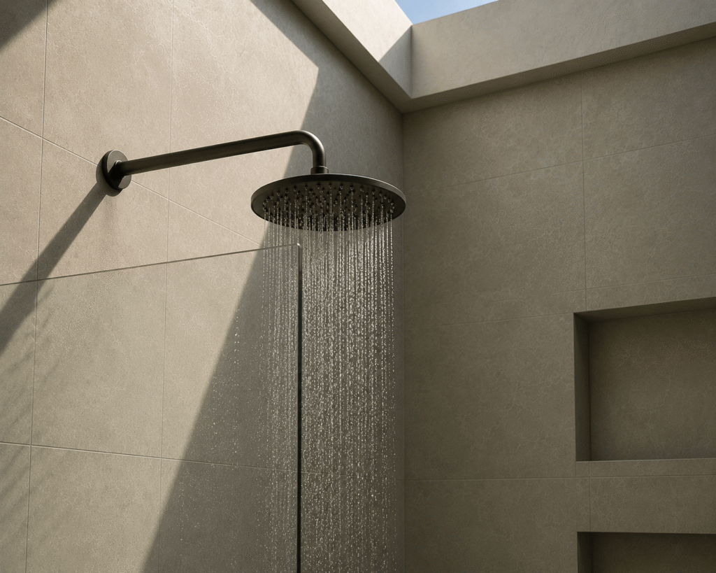 Modern bathroom renovation with rainfall shower, skylight and neutral stone tiles on the Gold Coast.