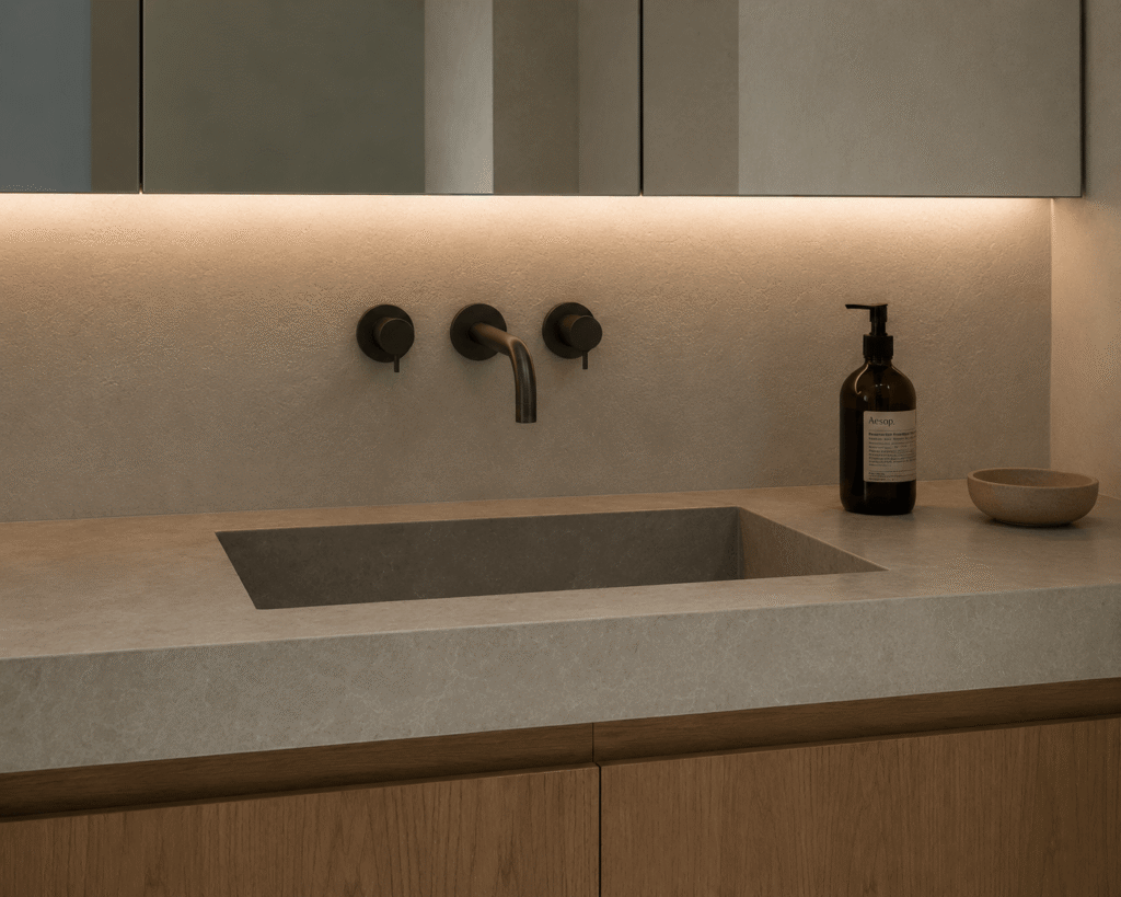 Bathroom renovations Gold Coast with a custom stone vanity, timber cabinetry and matte black tap ware.